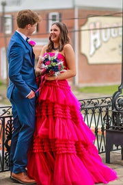 Fuchsia Strapless Tiered Tulle A-Line Formal Party Dresses with Slit