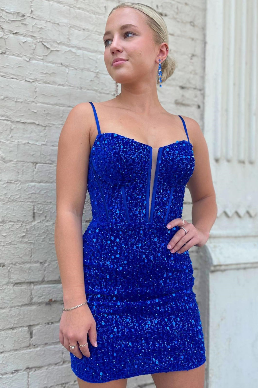 Royal Blue Spaghetti Straps Short Sheath Party Dresses with Sequins