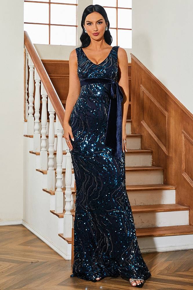 Sequined Mermaid V-Neck Sleeveless Evening Dresses