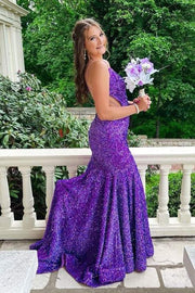 Purple Sweep Train Sequined Mermaid Sleeveless Formal Dresses