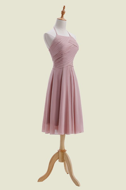 Dusty Rose Crew Neck Sleeveless A-Line Chiffon Tea-Length Bridesmaid Dresses