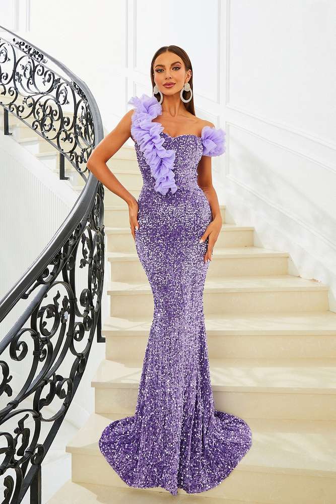 Purple One-Shoulder Mermaid Sequin Evening Dresses