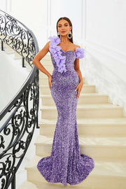 Purple One-Shoulder Mermaid Sequin Evening Dresses