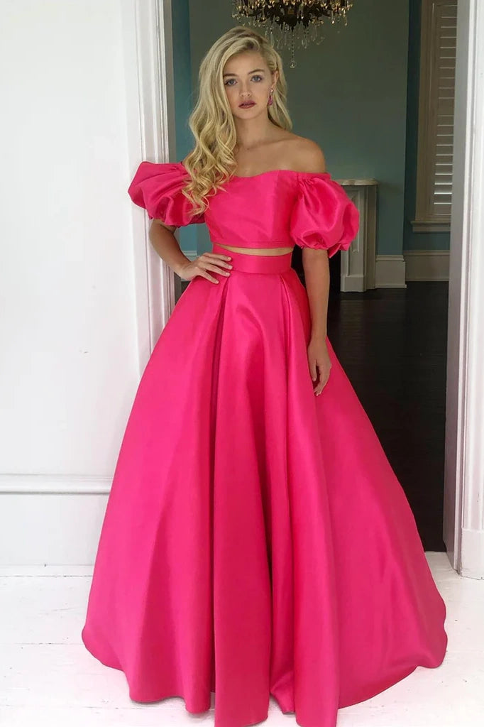 Fuchsia Two-Piece Off-The-Shoulder Ball Gown Satin Party Dresses