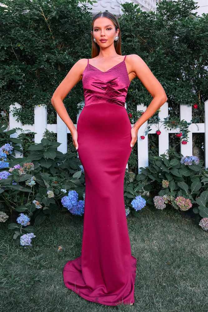 Fuchsia V-Neck Spaghetti Straps Mermaid Satin Evening Dresses