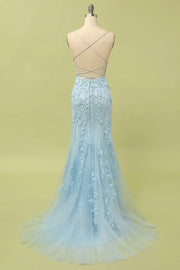 Sky Blue Mermaid Tulle Long Evening Dresses with Appliques