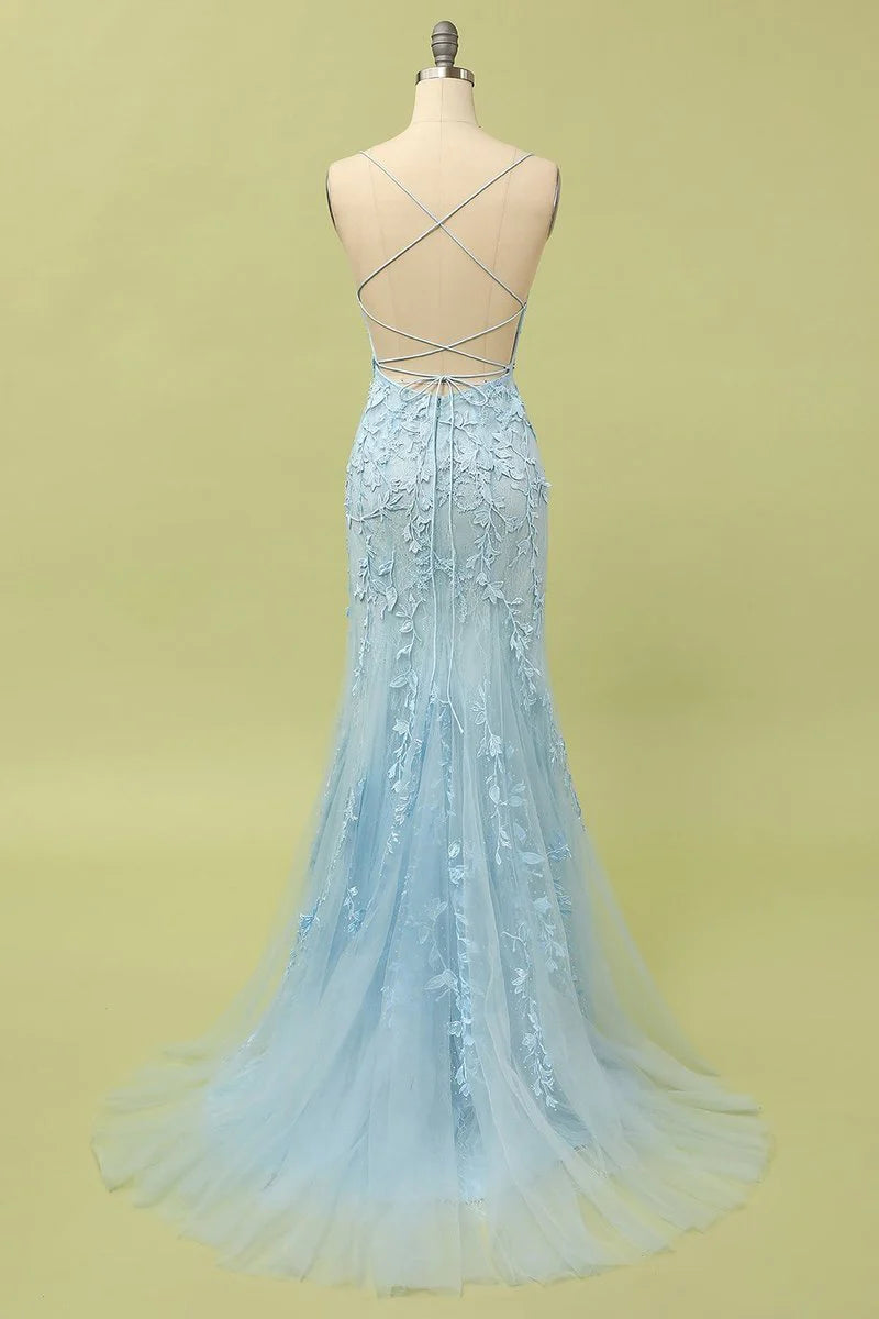 Sky Blue Mermaid Tulle Long Evening Dresses with Appliques