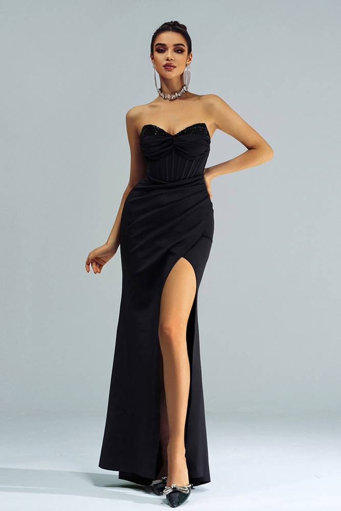 Black Mermaid Strapless Stretch Satin Prom Evening Dresses with Slit