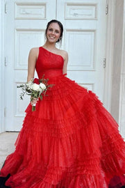 Red One-Shoulder Sleeveless A-Line Tulle Wedding Dresses with Ruffles