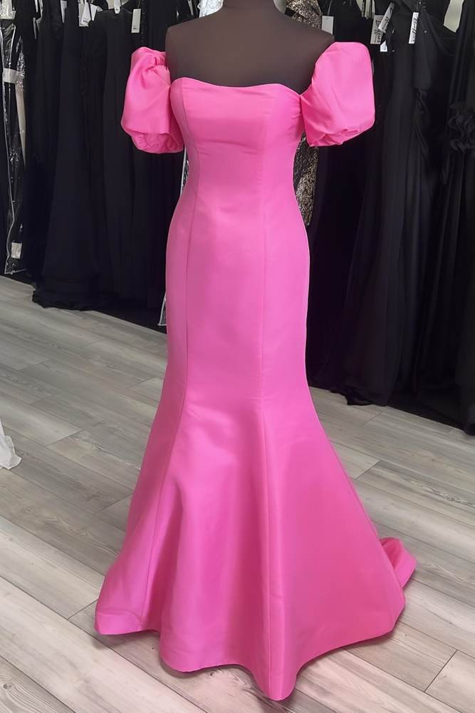 Fuchsia Off-The-Shoulder Short Sleeves Mermaid Satin Long Prom Dresses