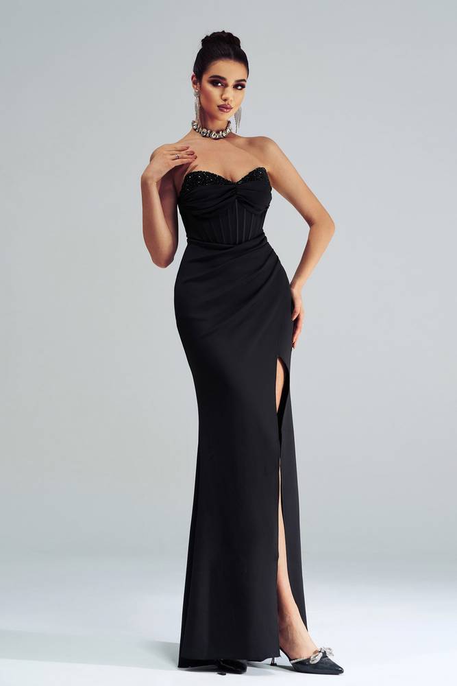 Black Mermaid Strapless Stretch Satin Prom Evening Dresses with Slit