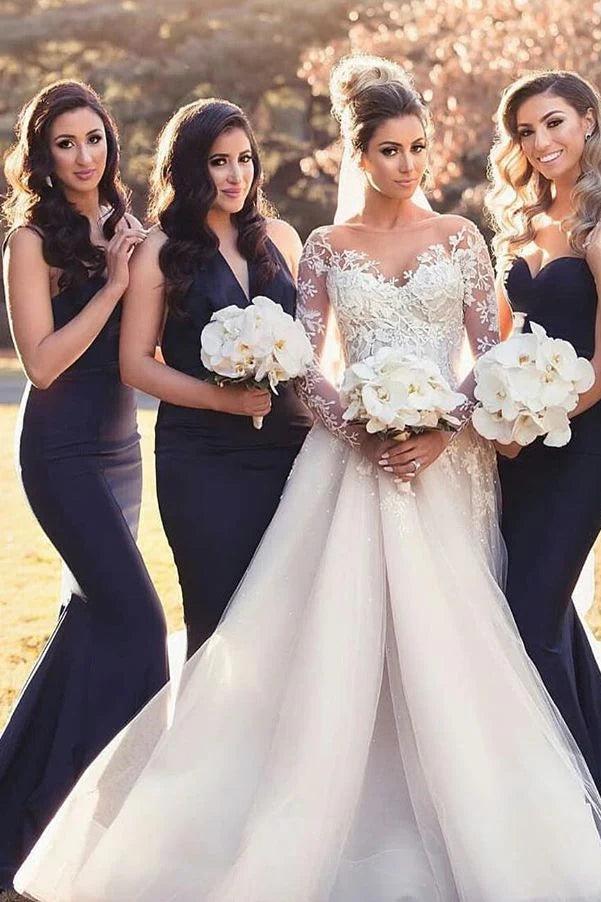 Dark Navy Mermaid Satin Sleeveless Bridesmaid Dresses