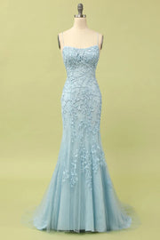 Sky Blue Mermaid Tulle Long Evening Dresses with Appliques