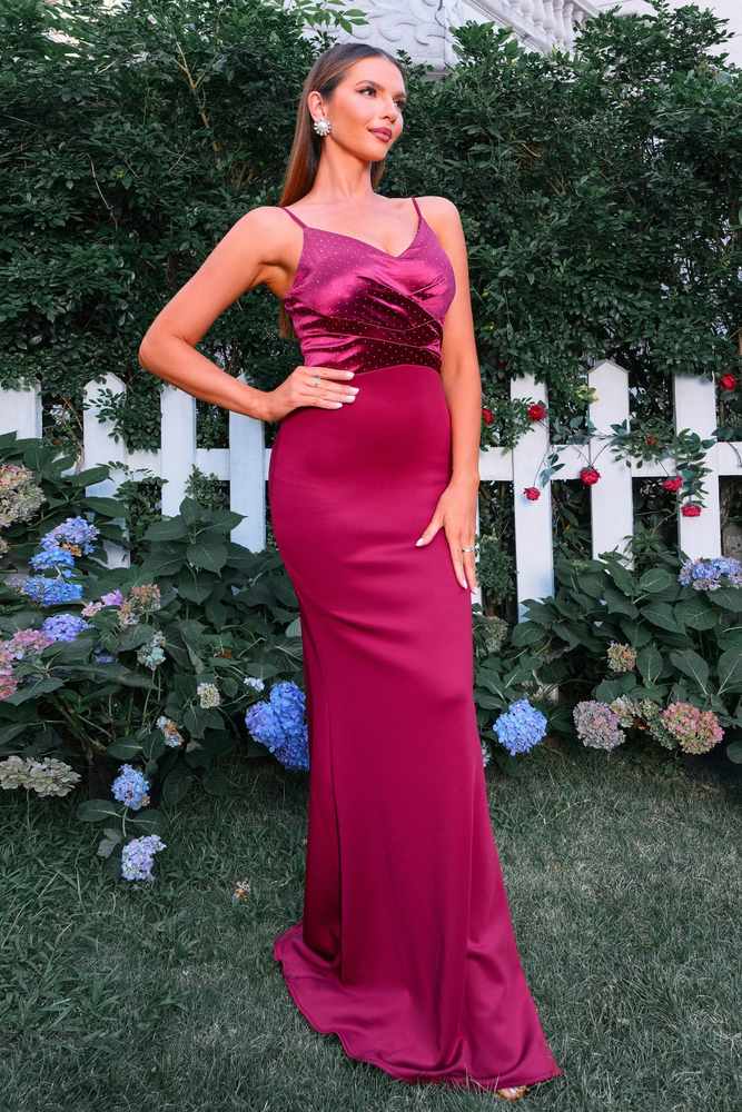 Fuchsia V-Neck Spaghetti Straps Mermaid Satin Evening Dresses