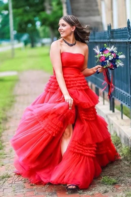 Red Strapless Tiered Tulle A-Line Formal Party Dresses with Slit