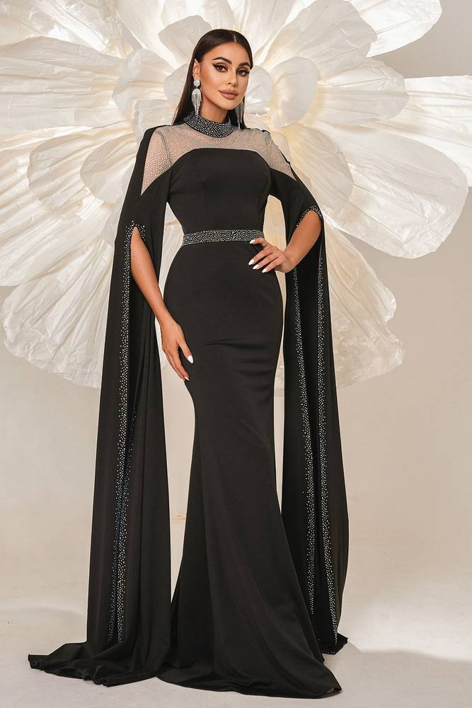 Black Mermaid Stretch Satin Evening Dresses with Rhinestones