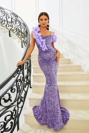 Purple One-Shoulder Mermaid Sequin Evening Dresses