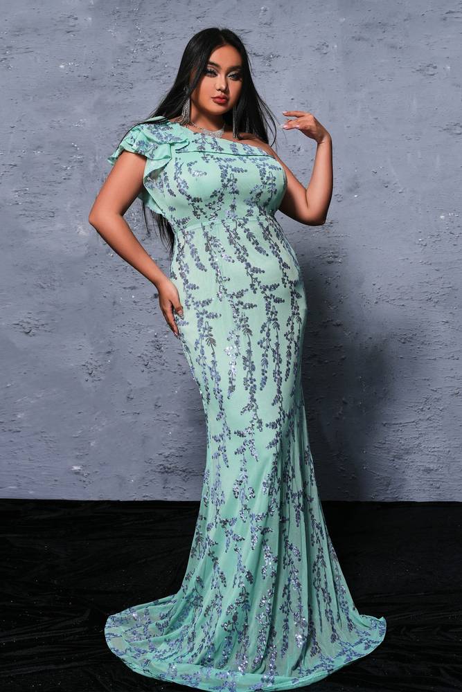 Mint Green Plus Size One-Shoulder Mermaid Sequin Evening Dresses