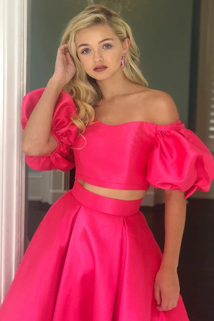 Fuchsia Two-Piece Off-The-Shoulder Ball Gown Satin Party Dresses