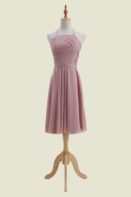 Dusty Rose Crew Neck Sleeveless A-Line Chiffon Tea-Length Bridesmaid Dresses