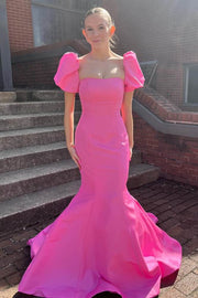 Fuchsia Off-The-Shoulder Short Sleeves Mermaid Satin Long Prom Dresses