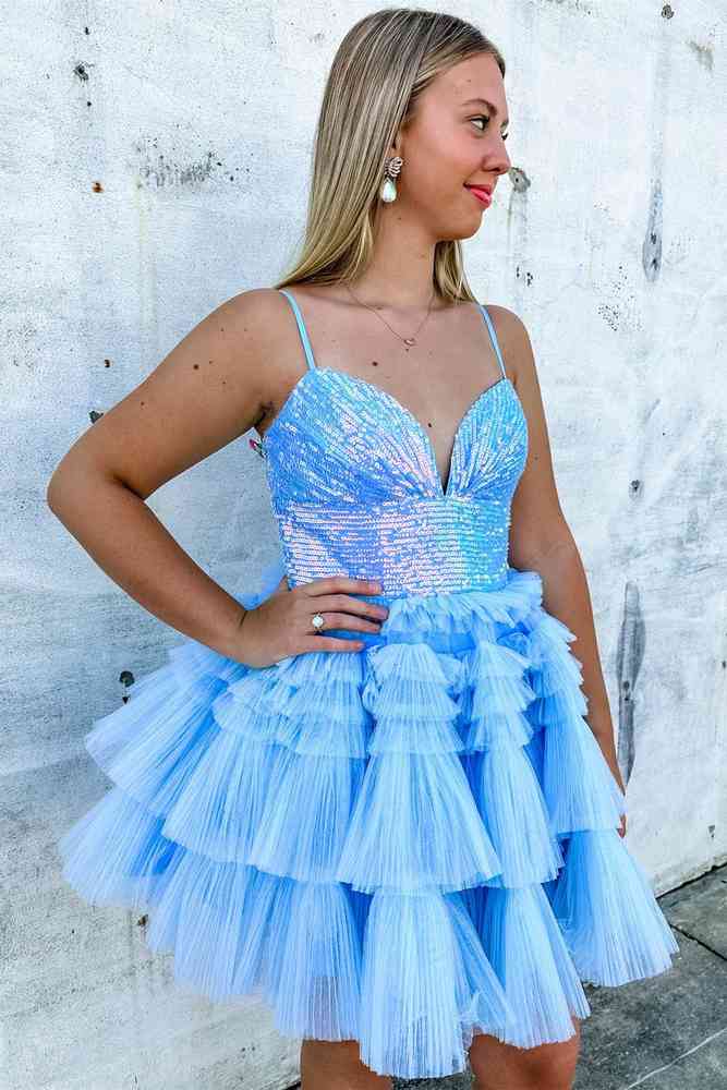 Light Blue Spaghetti Straps Sequined A-Line Tulle Homecoming Dresses