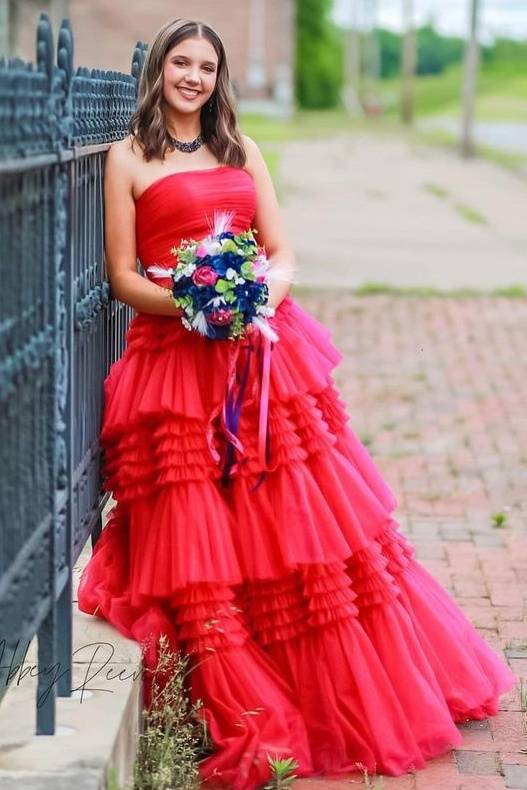 Red Strapless Tiered Tulle A-Line Formal Party Dresses with Slit