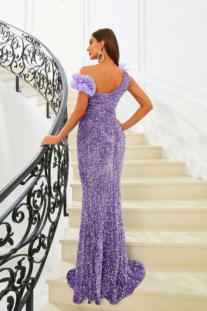 Purple One-Shoulder Mermaid Sequin Evening Dresses