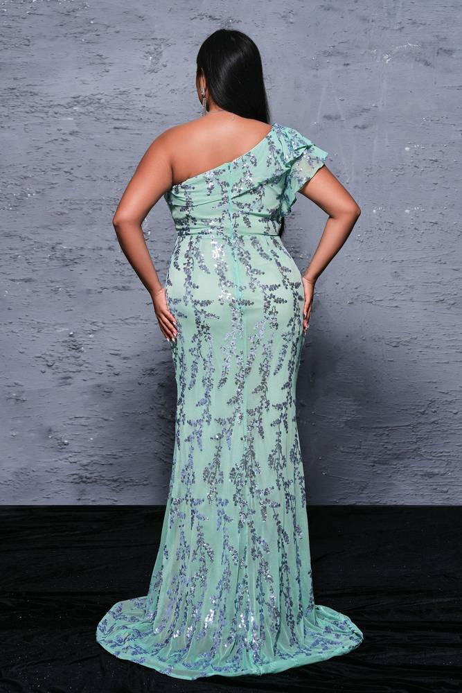 Mint Green Plus Size One-Shoulder Mermaid Sequin Evening Dresses