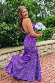 Purple Sweep Train Sequined Mermaid Sleeveless Formal Dresses