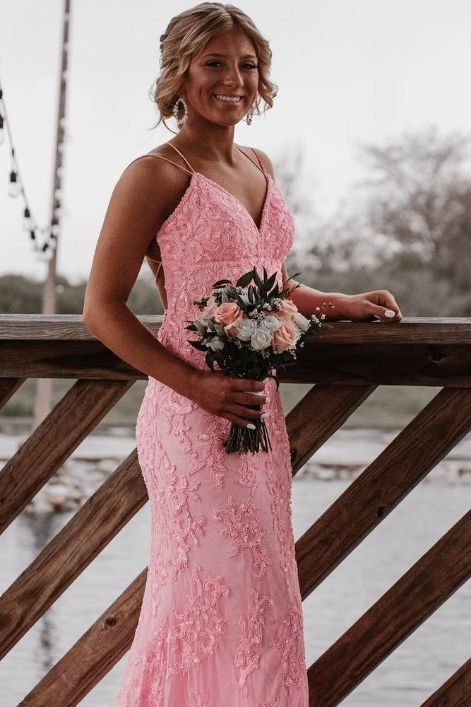 Pink Stunning Criss Cross Straps Long Mermaid Lace Prom Dresses with Slit