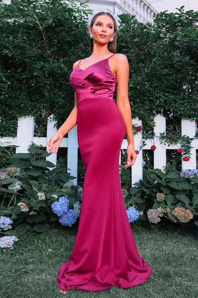 Fuchsia V-Neck Spaghetti Straps Mermaid Satin Evening Dresses