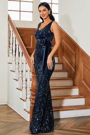 Sequined Mermaid V-Neck Sleeveless Evening Dresses