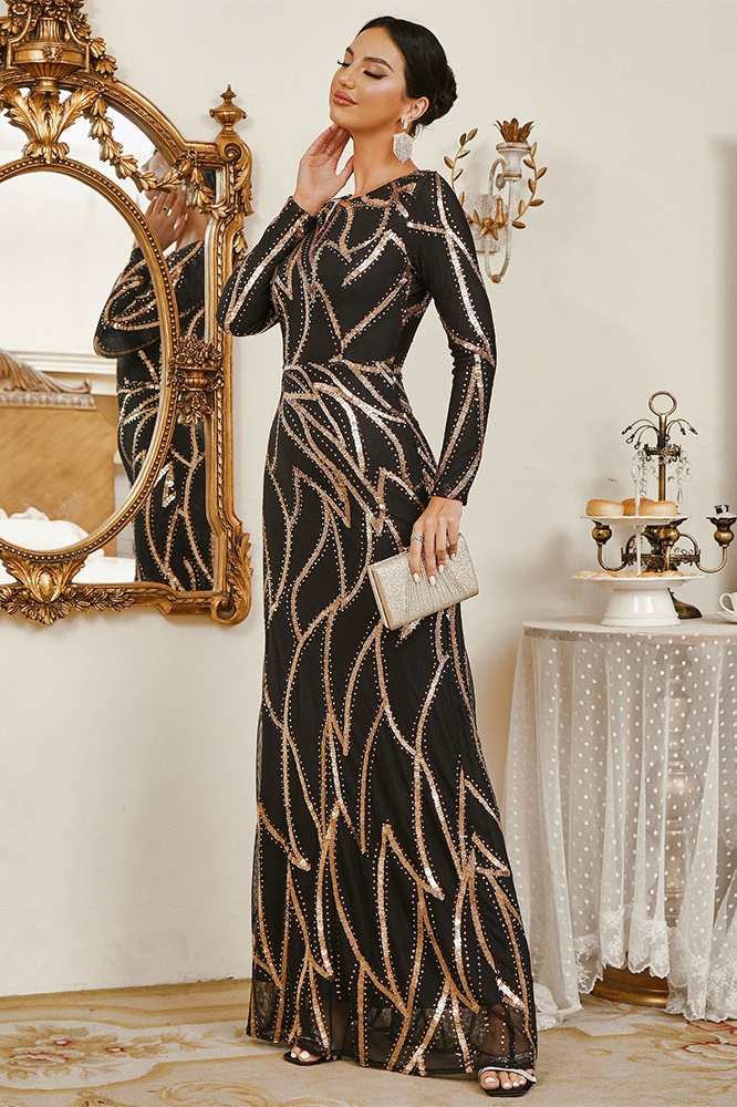 Floor-Length Jewel Neck Long Sleeves Column Evening Dresses