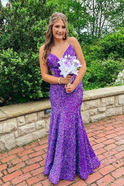 Purple Sweep Train Sequined Mermaid Sleeveless Formal Dresses