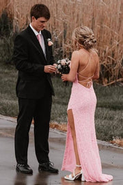 Pink Stunning Criss Cross Straps Long Mermaid Lace Prom Dresses with Slit