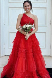 Red One-Shoulder Sleeveless A-Line Tulle Wedding Dresses with Ruffles