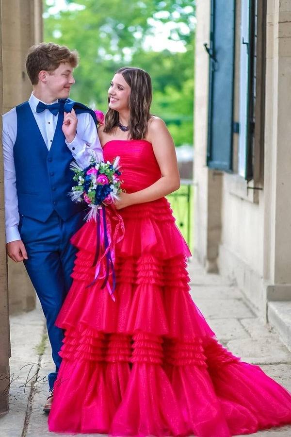 Fuchsia Strapless Tiered Tulle A-Line Formal Party Dresses with Slit