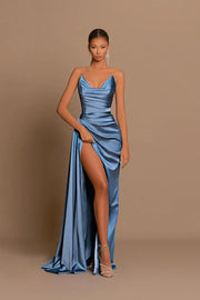 Blue Strapless Mermaid Satin Ruffles Prom Dresses with Slit