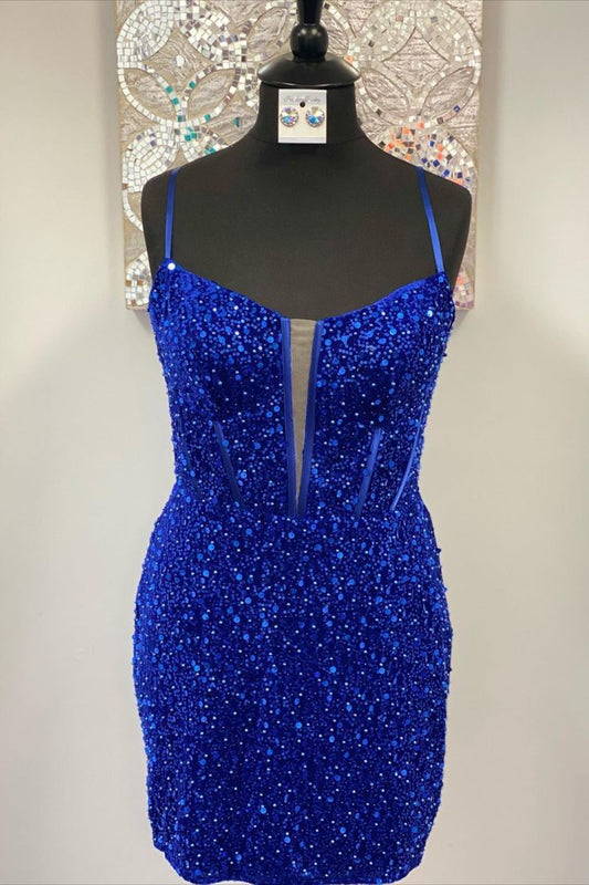 Royal Blue Plunging Neck Short Party Dress with Sequin