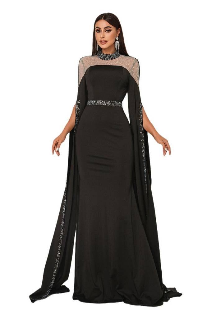 Black Mermaid Stretch Satin Evening Dresses with Rhinestones