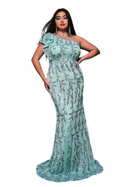 Mint Green Plus Size One-Shoulder Mermaid Sequin Evening Dresses