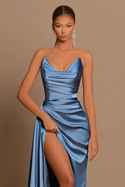 Blue Strapless Mermaid Satin Ruffles Prom Dresses with Slit