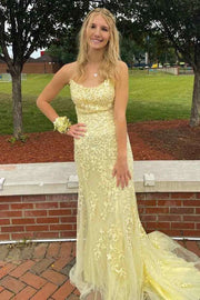 Daffodil Mermaid Tulle Long Evening Dresses with Appliques