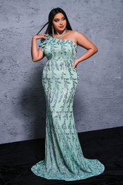 Mint Green Plus Size One-Shoulder Mermaid Sequin Evening Dresses