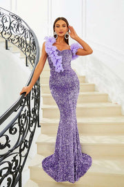 Purple One-Shoulder Mermaid Sequin Evening Dresses