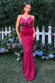 Fuchsia V-Neck Spaghetti Straps Mermaid Satin Evening Dresses
