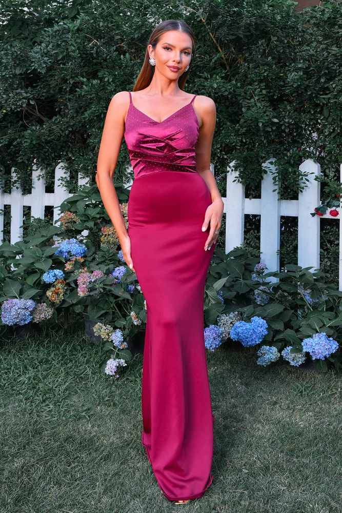 Fuchsia V-Neck Spaghetti Straps Mermaid Satin Evening Dresses