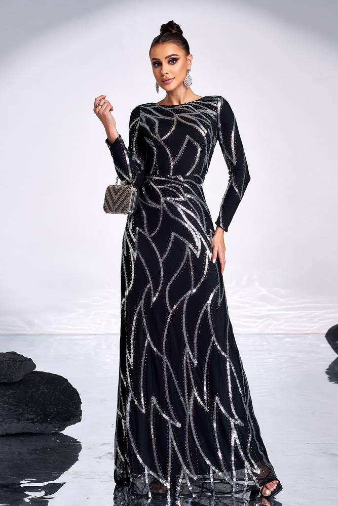 Floor-Length Jewel Neck Long Sleeves Column Evening Dresses