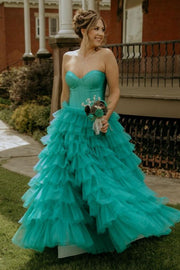 Jade Sweetheart Strapless A-Line Tiered Tulle Split Front Formal Dresses